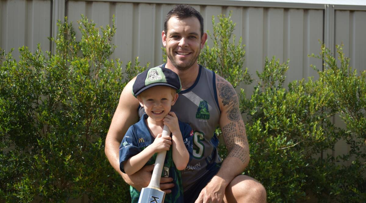 MILESTONE MATCH: Star Wagga City all-rounder Jon Nicoll, with four-year-old son Joe, will play his 100th match for the club against Kooringal Colts on Saturday. Picture: Courtney Rees