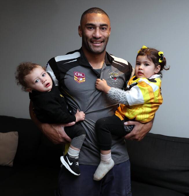 GRAND FINAL SHOT: Gundagai winger Noa Fotu will have two little cheerleaders in son Levi, 11 months, and daughter Leila, 2, as he looks to win his first grand final in 11 years on Saturday. Picture: Les Smith