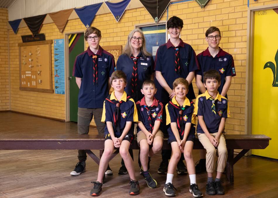 Scout and group leader at First Kooringal Scouts Tracy O'sborne with Edward O'sborne, 15, Ethan O'Halloran, 15, William O'sborne, 15, Callum Metcalfe, 11, Jack Papatodori, 7, Brodie Metcalfe, 9, and Jimmy Estreich, 10 pictured at First Wagga Scout Hall. Picture by Madeline Begley