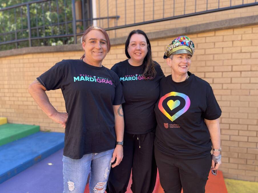 Wagga Mardi Gras Committee president Holly Conroy with vice president Cristy Houghton and CSU associate professor Cate Thomas. Picture by Taylor Dodge