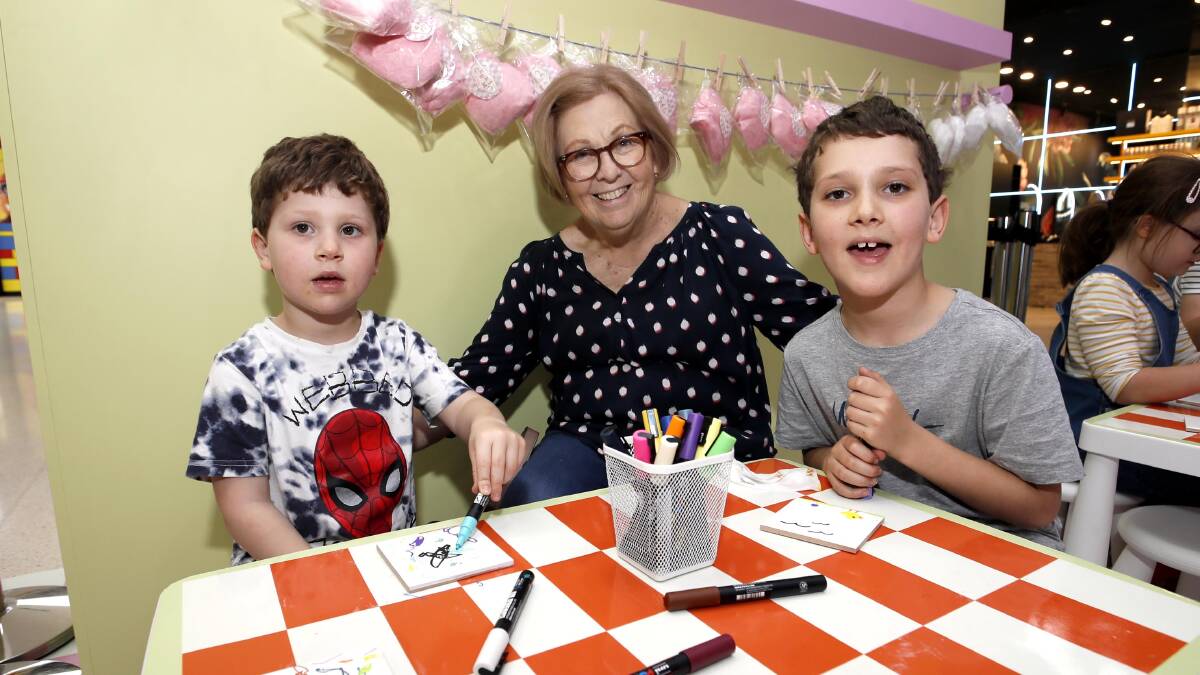 TIME TO CREATE: Wagga's Lynne Knight with her Sydney grandchildren, Ziggy Grentell, 4, and Jude Grentell, 7. Picture: Les Smith