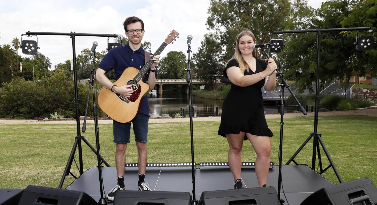 Sam Campbell-McCrea and Emily Jennings had the honour of trying out Wagga Civic Theatre's new music set. Picture: Les Smith