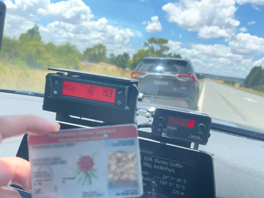 A P-plater has had their licence suspended after police caught them driving 53 kilometres over the speed limit along Burley Griffin Way at Ardlethan. Picture by NSW Police