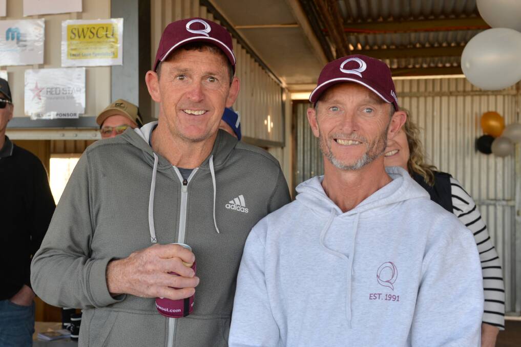 WELDCOME HOME: Football great Chris Daniher reutnrs home to Ungarie to catch up with old mates including Craig Davis. Picture: Lorraine Williams