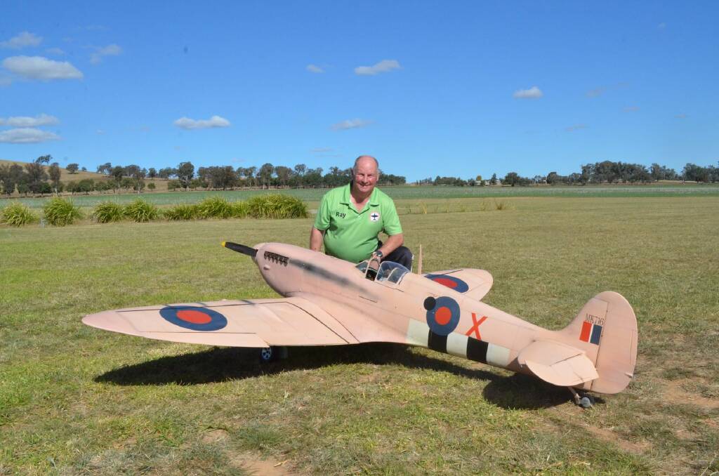 ON SHOW: Canberra Model Aero Club member Ray Ogle with his pink Spitfire at the 2021 Wagga Model Aero Club Inco Radio Controller Military Scale Aircraft Display. Picture: Richard Carrol 