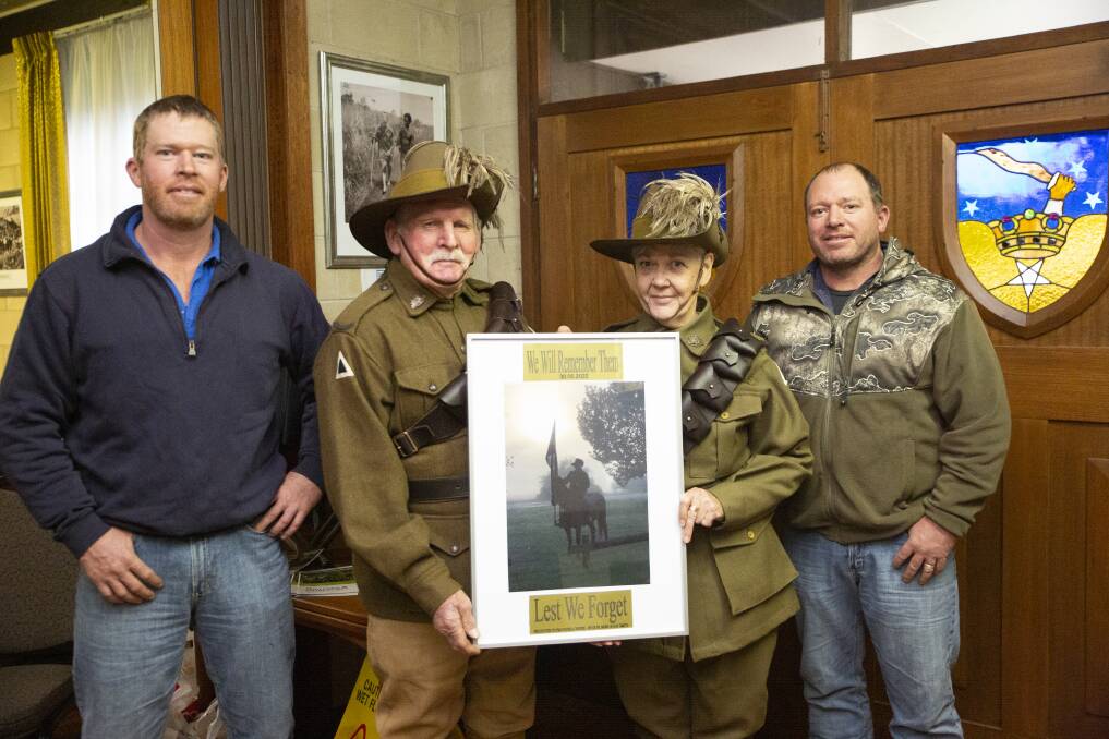 UNVEILING: Light Horse trooper Tony 'Hobbo' Hobbs with sons Dan (left) and Jordan (right) and fellow trooper Maria Flinn at the Pro Patria Centre.Picture: Madeline Begley 