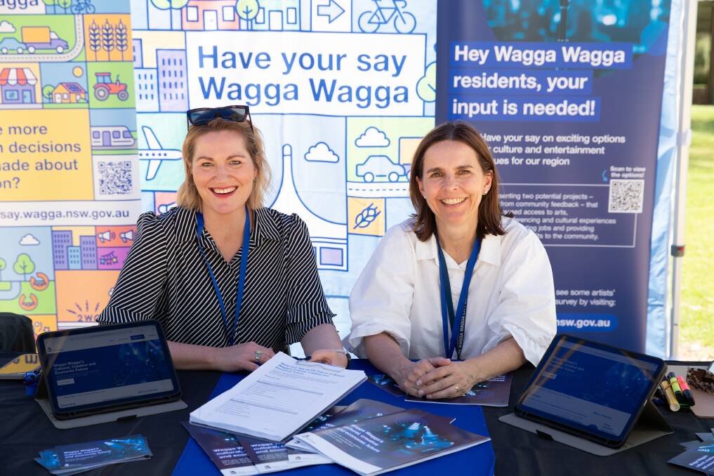 Wagga Civic Theatre manager Claire Harris and Wagga City Council regional activation executive manager Fiona Hamilton welcomed Wagga residents to have their say on the city's cultural, creative and economic future. Picture by Madeline Begley 