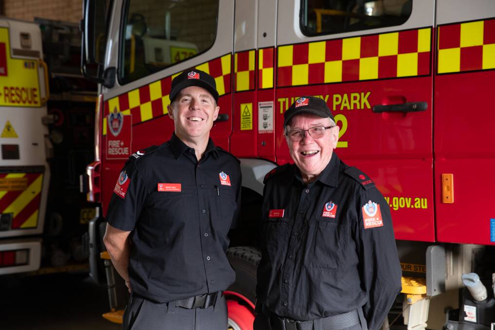 Turvey Park firefighter Scott Gill and his station deputy captain and father David Gill were able to work one last shift together before David's retirement. Picture by Madeline Begley