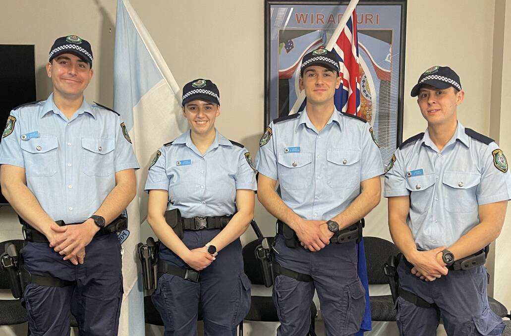 FIRST DAY: Riverina Police District probationary officers Andrew Griffiths, Taylah Efstathiou, Hayden Morrison and Mourish Condie. Picture Taylor Dodge