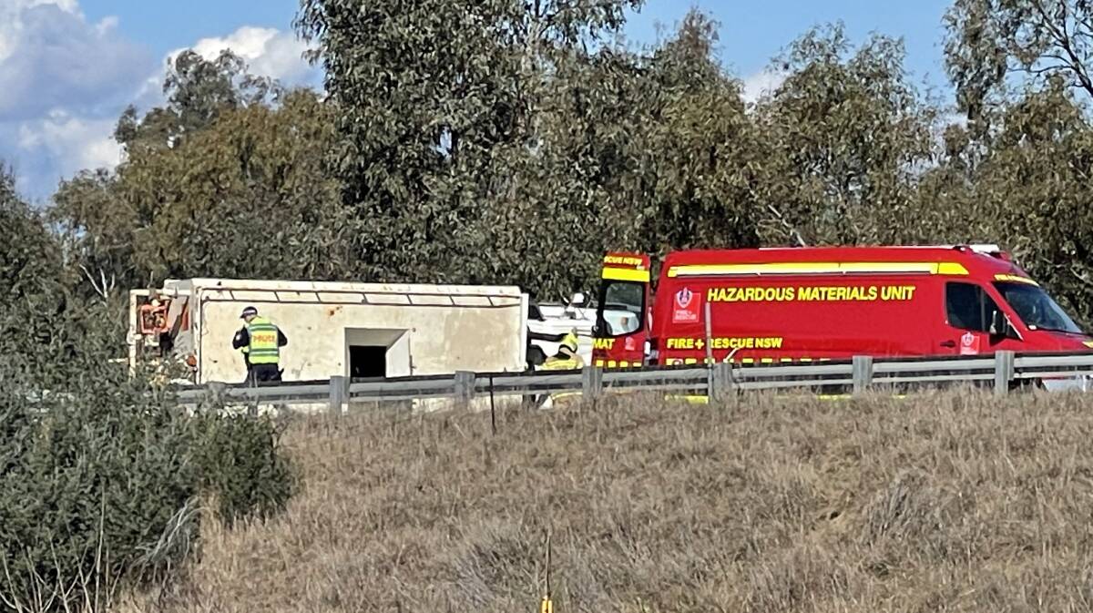 FLIPPED: Emergency services responded to a truck crash at the Olympic Highway and Old Narrandera Road intersection a week before a second truck crashed. Picture: Taylor Dodge