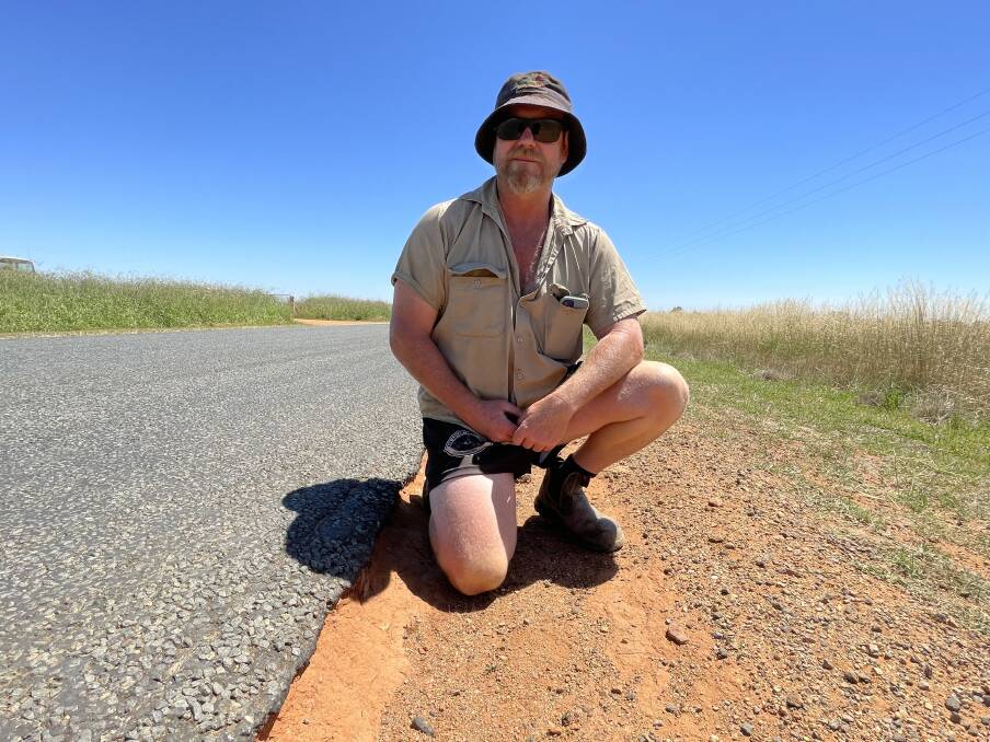 Dane Somerville shares concerns over the edges of road linking Collingullie and The Rock. Picture: Taylor Dodge