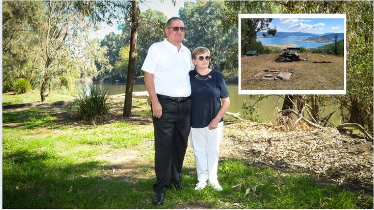Wagga's Phil and June Barton, formerly of Tumut, were devasted when they discovered their family's favourite picnic spot at Blowering Dam had been ruined. Picture by Bernard Humphries 