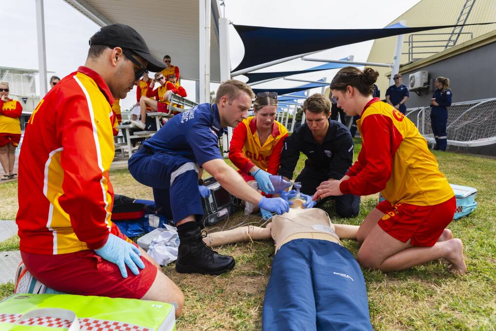 Lifeguards and paramedics Dayle Langridge, Jonathan 'Jono' Collins, Kacy Bell, Huw Murray and Jessica Wendt team up at a vital training day at Oasis. Picture by Ash Smith