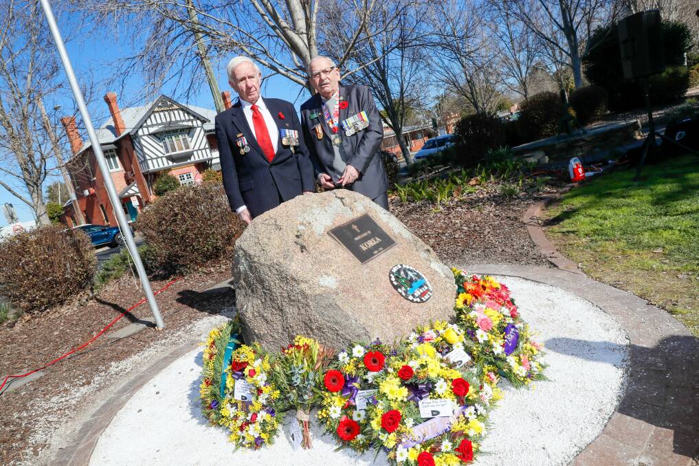 Korean War veterans John Sullivan and Harry Edmonds at the Wagga memorial to mark the 70th anniversary of the signing of the armistace ceasing hostilities in the Korean War. Picture by Les Smith 