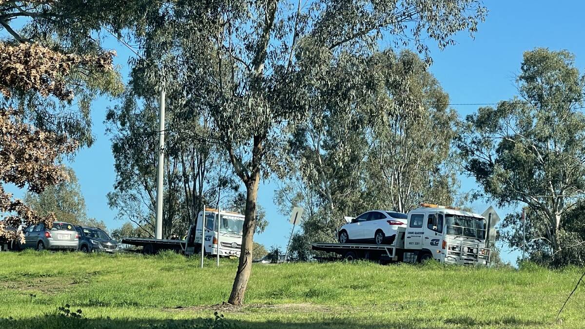 Two cars were towed after colliding on the approach to the Gobbagombalin Bridge on Tuesday morning. Picture by Taylor Dodge