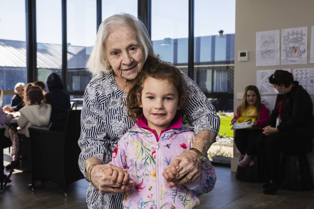 Wagga Community Aged Care resident Marie Edwards with Maddie Walsh, 4, from Little Wonders Early Education Centre. Picture by Ash Smith 