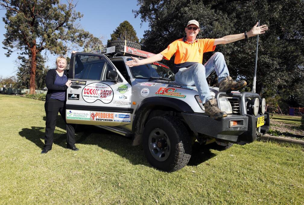 READY, STEADY, RALLY: Collingullie's Vicky Lisle with retired Wagga paramedic Phil Hoey ahead of the 2022 Kidney Kar Rally. Picture: Les Smith 