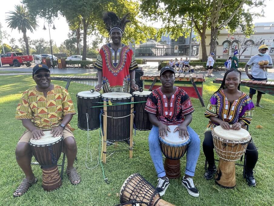 HEAR THE BEAT: African drummers Jerry Nyatoro and Felix, Clarence and Christabel Machiridza at the Australia Day service at the Victory Memorial Gardens. Picture: Taylor Dodge