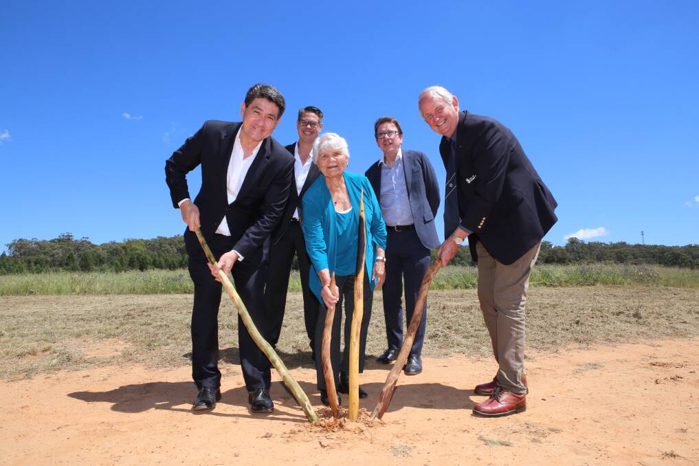 NEW PROJECT: Aunty Isabel Reid with Dr Geoff Lee, Wes Fang, Joe McGirr and Mayor Greg Conkey at the sod turning. Picture: Wagga City Council 