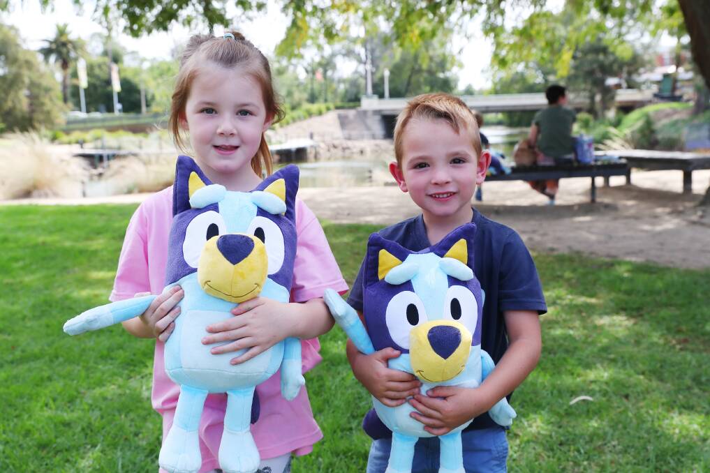 ALL READY: Allison Ingram, 5, and Percy Harvey, 4, from Temora are excited to see Bluey come to life on the stage. Picture: Emma Hillier 