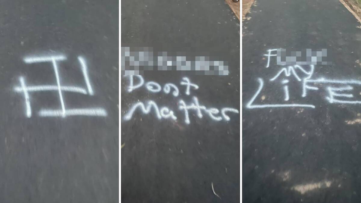 Council have been notified of the graffiti on the Lake Albert walking track. Pictures: Supplied 