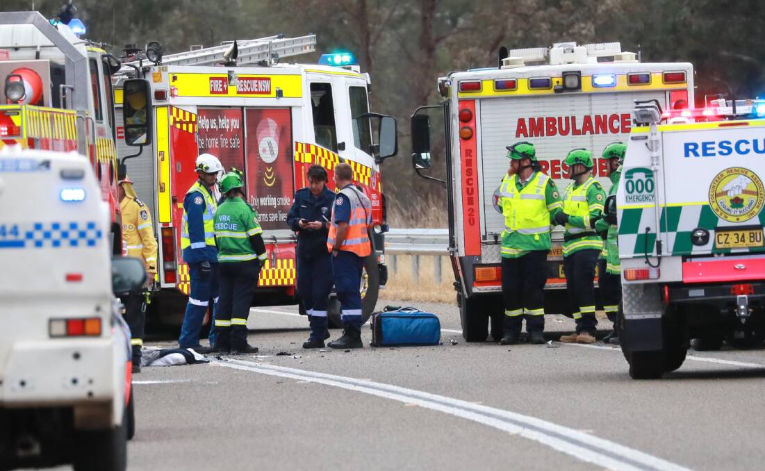 TAKEN TOO SOON: Emergency services on the scene of a fatal crash on the Sturt Highway earlier this month. Picture: Les Smith 