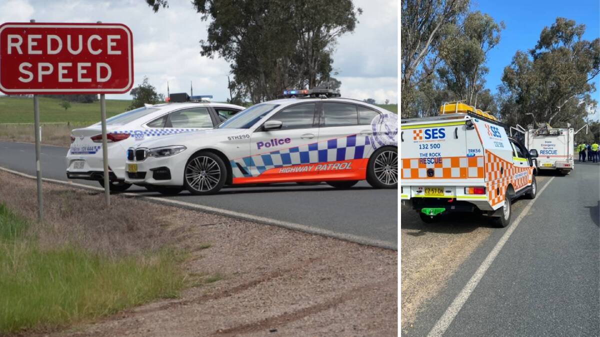 FATAL CRASH: Highway patrol officers were blocking traffic on Holbrook Road following the accident on Saturday afternoon. Pictures: Monty Jacka/The Rock SES 