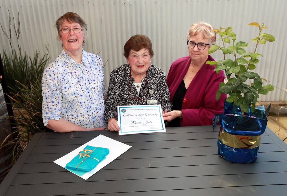 SHE WILL BE MISSED: Kay Thomas, Norma Judd and Liz Furner at the farewell for Ms Judd, where they surprised her by making her a lifetime member of the Wagga Wagga Evening Branch. Picture: Les Smith 