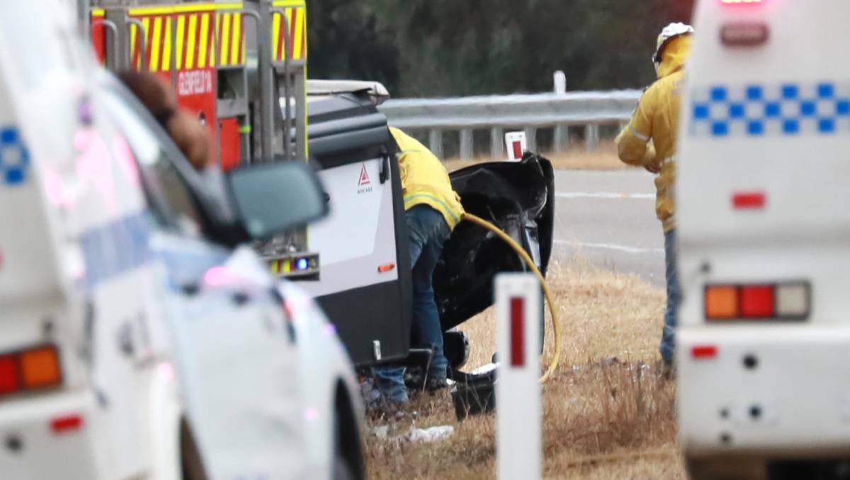 Emergency services respond to a two-vehicle collision on the Sturt Highway at Yarragundry outside Wagga on Saturday afternoon. Picture: Les Smith