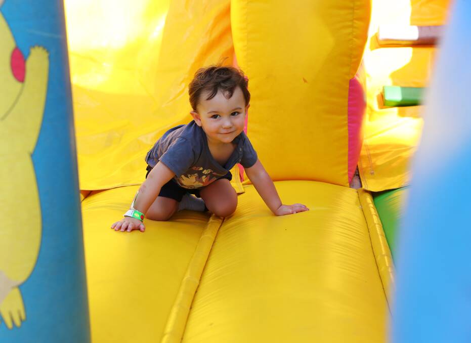FUN IN THE SUN: One-year-old Digby McGrath, from Albury, is loving the jumping castle set up at Apex Park for the Family Fun Fair. Picture: Emma Hillier 