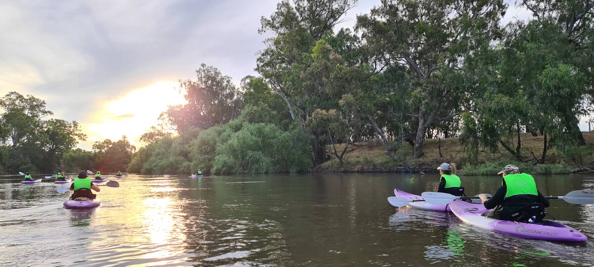 One of the In Motion Fitness kayak trips down the Murrumbidgee River at sunset. Picture: Supplied 