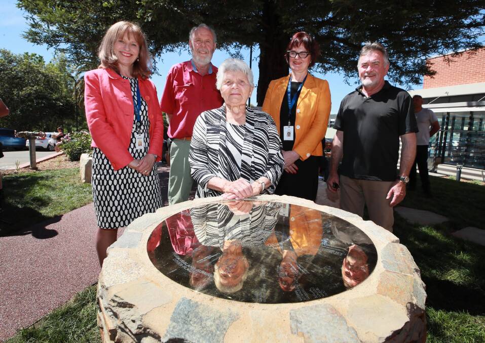 CONNECTION TO LAND: Brenda Peterson, Dick Green, Aunty Isabel Reid, Robin Haberecht and Wayne Fox at the opening of the garden at Calvary Riverina Hospital. Picture: Les Smith 