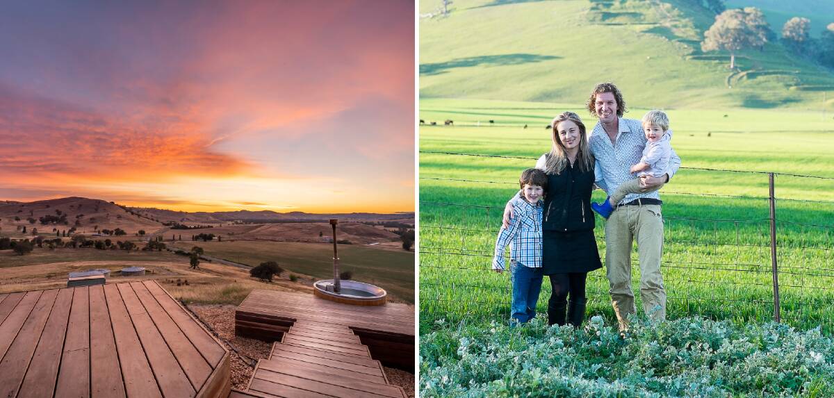 SHOWCASING THE REGION: David and Emelia Ferguson and their sons, Archie and Max, on Kimo Estate. Pictured to the left, is a view from the deck of Sweeney's Eco Hut. Pictures: Supplied/Matt Beaver