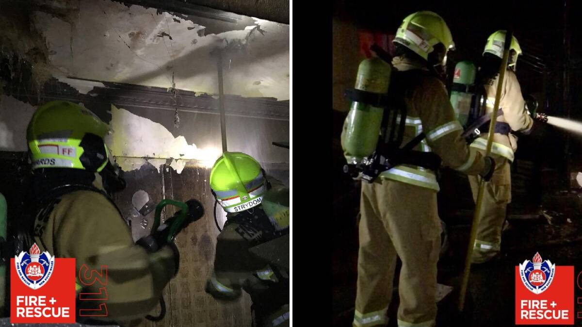 Fire and Rescue NSW teams search the house on Yambil Street, Griffith, at 7.30pm on Friday. Pictures: FRNSW Griffith 