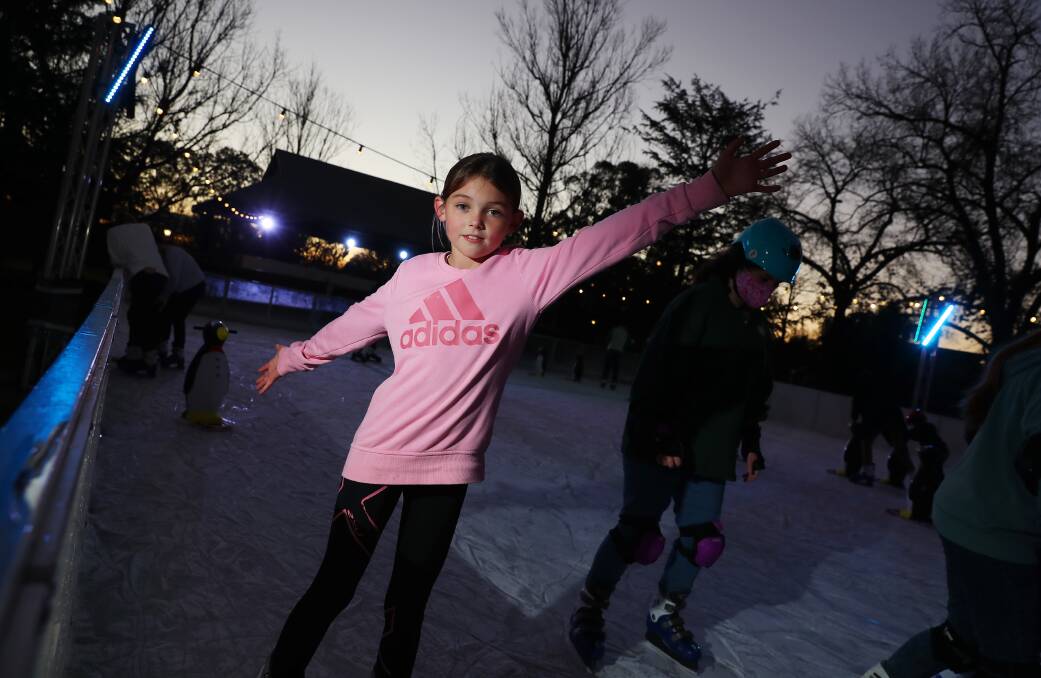 Elka Morris, 9 from Wagga taking advantage of the ice rink. Picture: Emma Hillier 