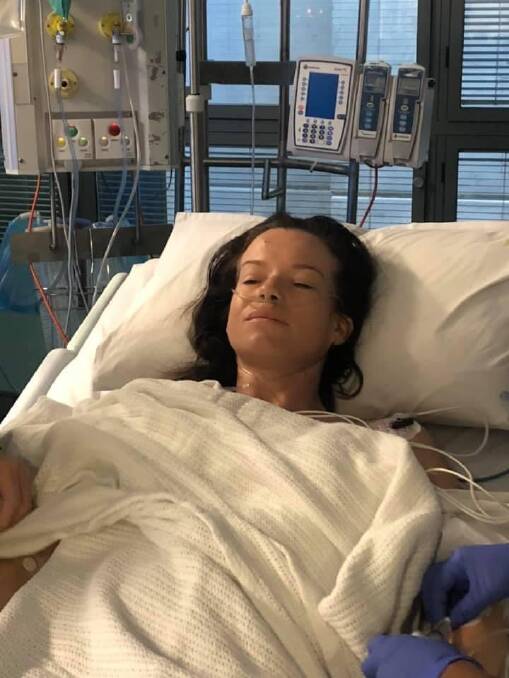 FLOWN TO SYDNEY: Simone O'Mara in hospital recovering from the stroke and bleed on her brain. Picture: Supplied 