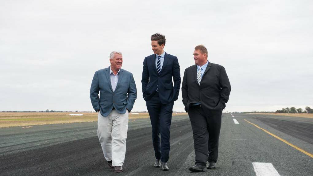 Brisbane West Wellcamp airport developer John Wagner inspects the existing Deniliquin runway with Edward River Council general manager, Adam McSwain, and administrator, Ashley Hall. Photo supplied.