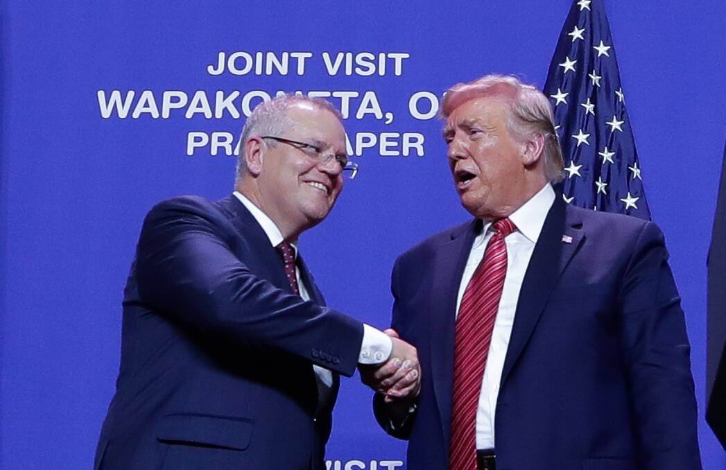 Prime Minister Scott Morrison and United States President Donald Trump shake hands at an event in Wapakoneta, Ohio. Picture: Alex Ellinghausen