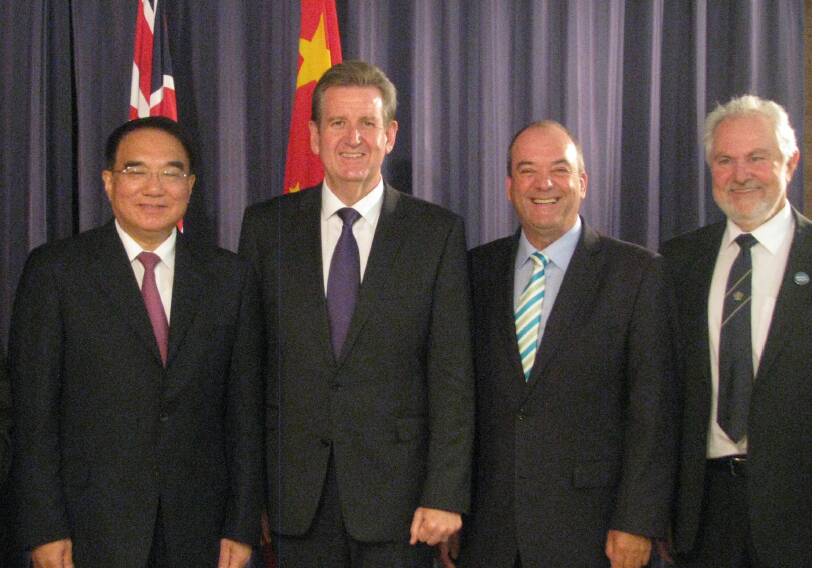Secretary of the Liaoning province Wang Min, then-premier Barry O'Farrell, then-Wagga MP Daryl Maguire and then-Wagga mayor Rod Kendall at a ceremony at Parliament House for a Chinese delegation in 2012, which is now the subject of an ICAC inquiry. Picture: ICAC