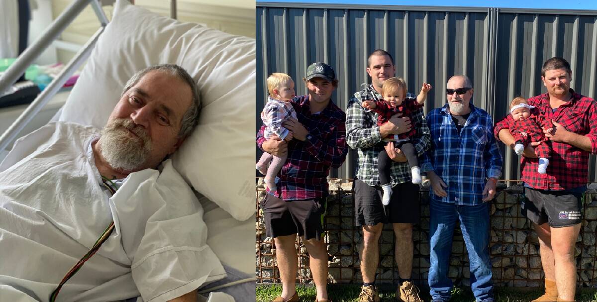 FAMILY: Greg Mosbey pictured in hospital in Melbourne and with his three sons Joel, Chris and Matt and grandchildren Maya, Connor and Matilda.
