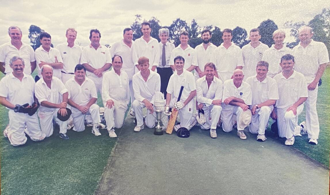 Peter Baker (front row, third from right) in The Daily Advertiser cricket team which defeated the Riverine Club in its annual challenge in 1999. Peter kept wickets and made an unbeaten nine. (Back, from left) John Gray, John Hodges, David Mott, Tony Paton, Jeff White, Michael OReilly, umpire Ross Ingram, Matt Connell, Gary Bell, Peter Timothy, Nathan Hale, Quentin Hull, Stephen Shaw; (front) Doug Conkey, Fred Horsley, Ray Charlton, David Benn, Riverine Club captain Michael Cox, Advertiser captain Michael McCormack, Peter Mahoney, Peter Baker, Brett Koschel, Scott Sanbrook.