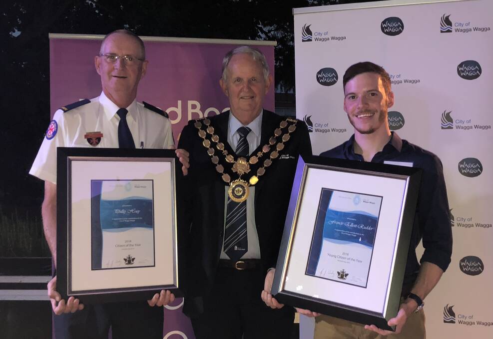 HONOURS: Citizen of the Year Phil Hoey, Wagga mayor Greg Conkey and Young Citizen of the Year Francis Elliott-Rudder.