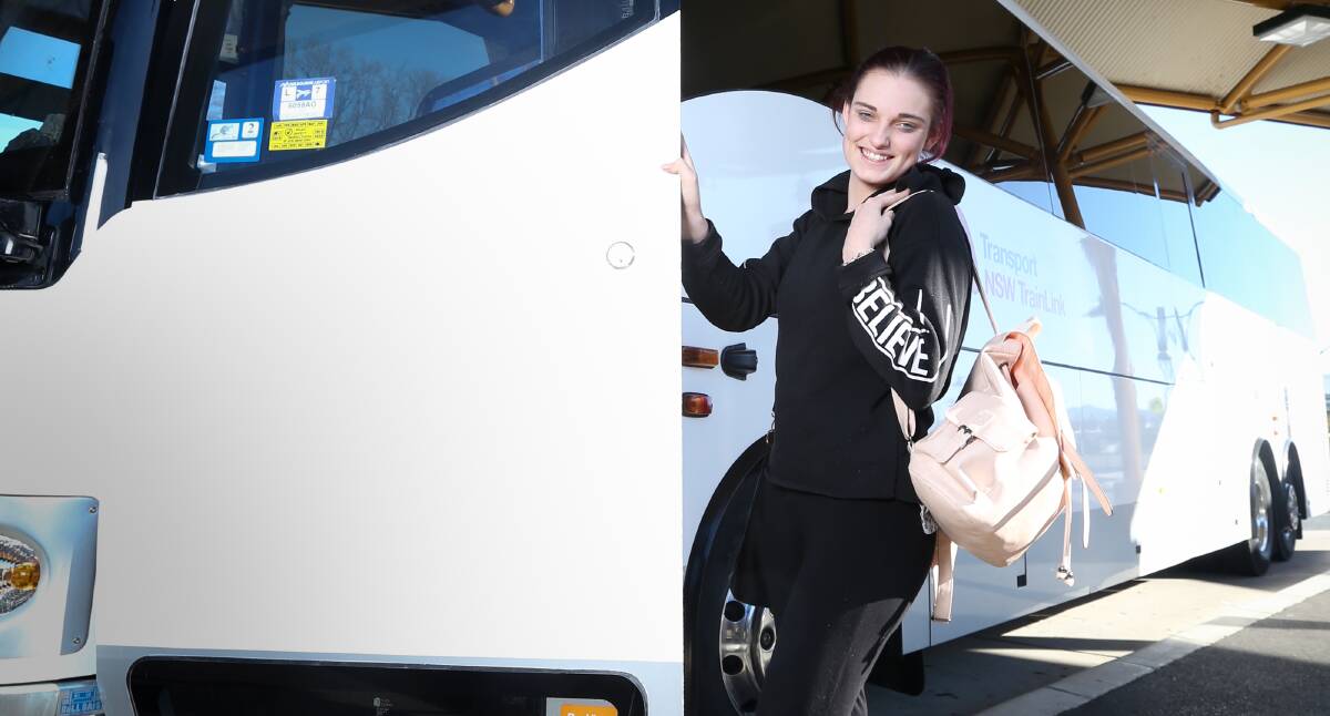 On board: Janella Evans was one of the two passengers who travelled on the bus service from Wagga to Albury yesterday morning. Picture: Kylie Esler
