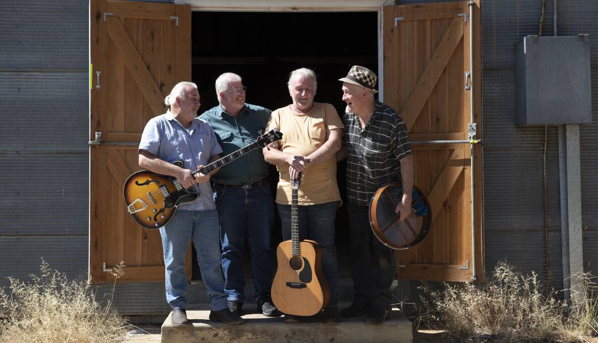 COUNTRY HOSPITALITY: Phil Sheather, David Dunbar, Vaughan Logan and Wally Condon are four of the seven members of the Tin Shed Rattlers, which has been performing since 1971. Picture: Madeline Begley