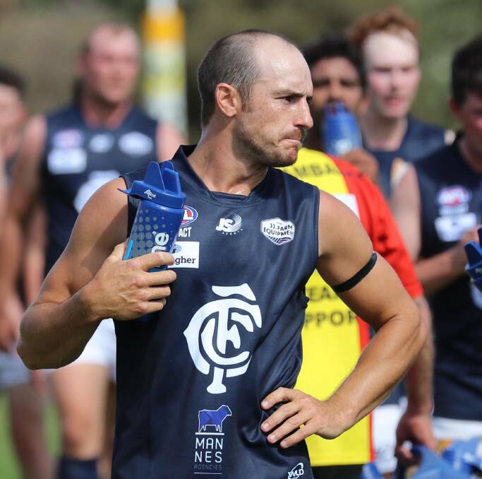 Coleambally co-coach Curtis Steele in his first game with the Blues last year. He's hoping he'll get to coach his first game at the club next month. Picture: Les Smith