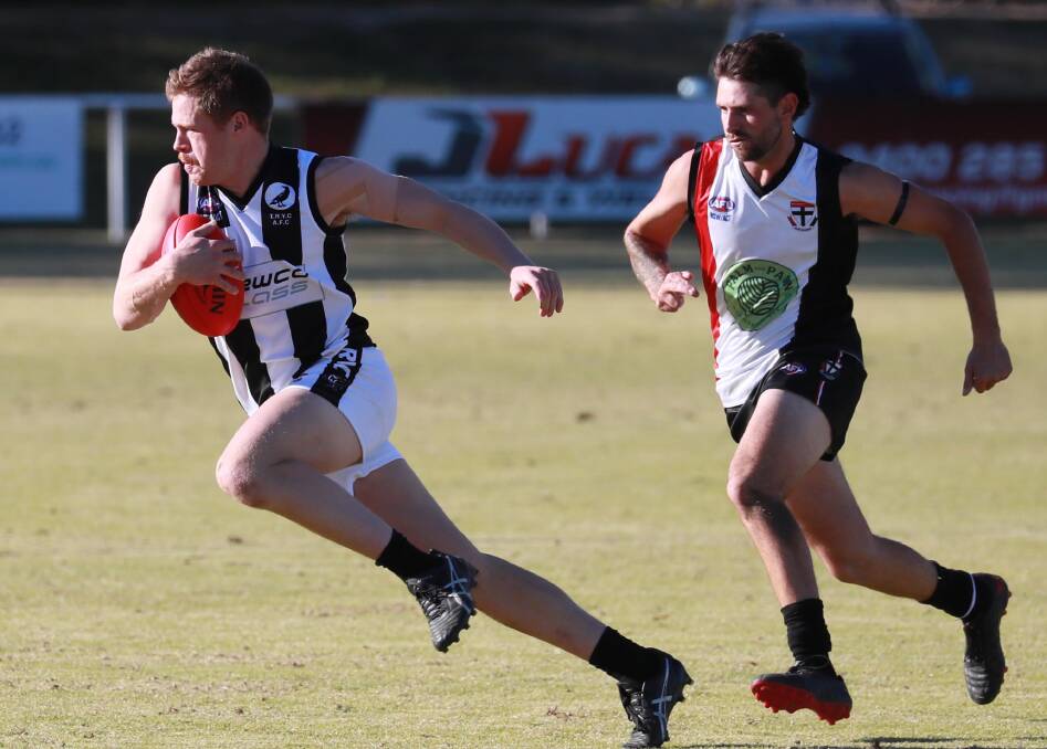 SEASON OVER: The Rock-Yerong Creek's Joey Kerin playing forward against North Wagga. It was one of four games this year in which he's kicked at least four goals. Picture: Les Smith