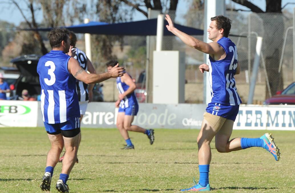 ONE MORE: Temora forward Matt Wallis (right) celebrates a goal with Damien Ponting who they'd love to send off with another grand final. Picture: Peter Doherty