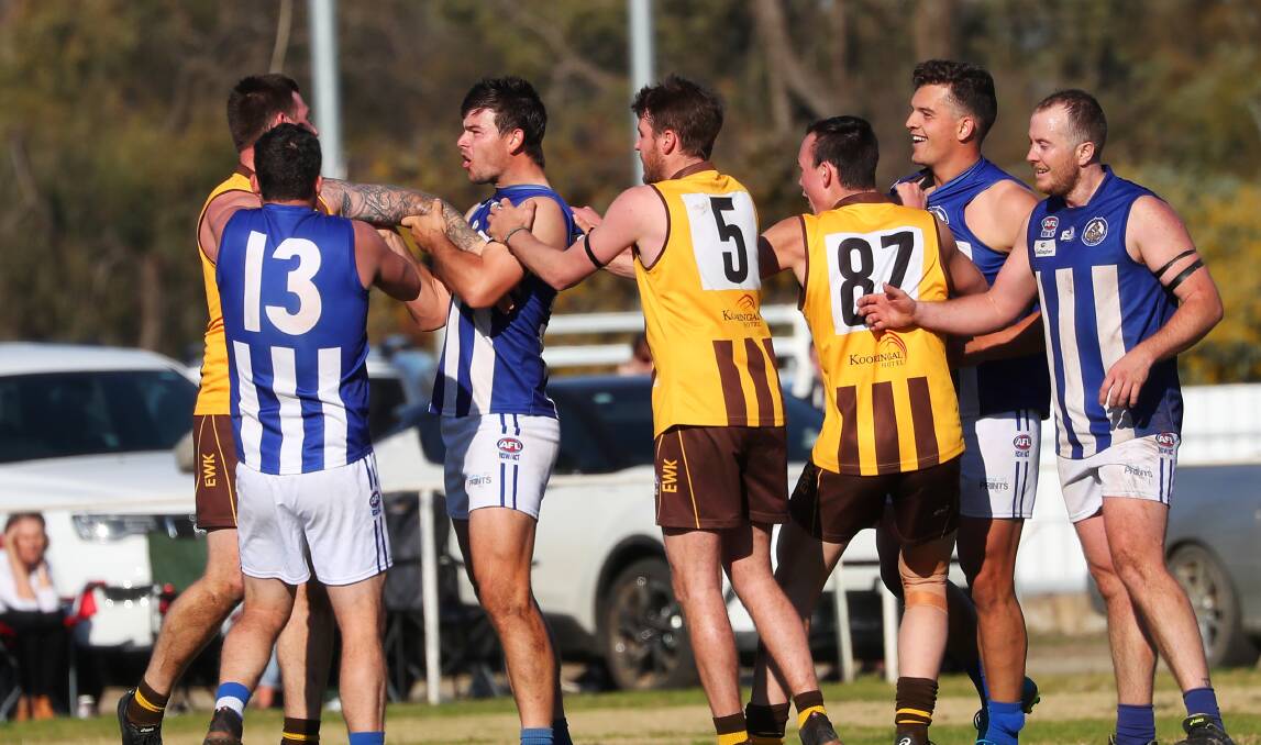 Indicating Temora's struggles, the four Kangaroos in this picture from round 18 of 2019 are coach Jake Wooden (no. 13, injured), key forwards Matt Harpley (now at Coolamon) and Jacob Turner (not playing), and the injured Jason Reid. 