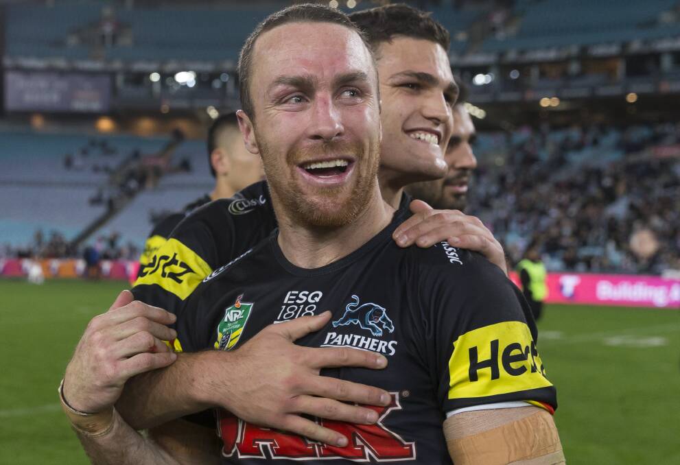 STARS: Penrith and NSW Origin halves James Maloney (front) and Nathan Cleary are all smiles after their elimination final win against the Warriors. The pair will headline the game against the Raiders in Wagga next May. Picture: AAP
