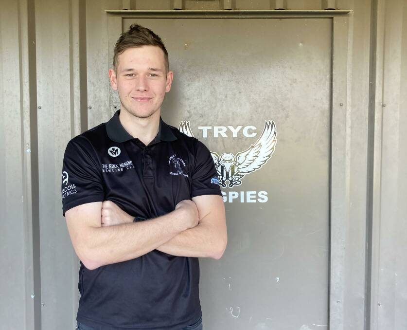 PIE DRIVE: The Rock-Yerong Creek's newest face, key forward James Roberts, at the club's presentation day. The 195cm footballer joins the Magpies' Canberra crew for 2022.